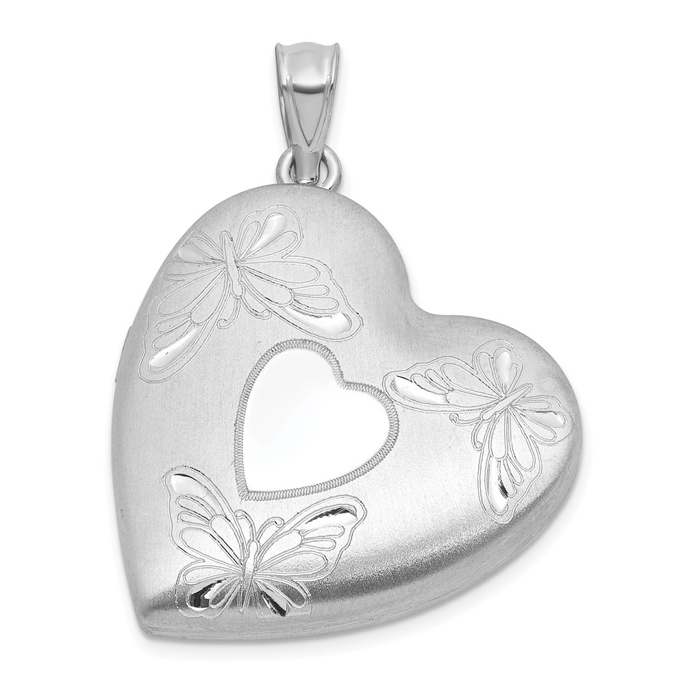 QLS1215.jpg Sterling Silver Rhodium-plated Brushed Diamond-cut Butterflies 24mm Heart Locket - Image 1