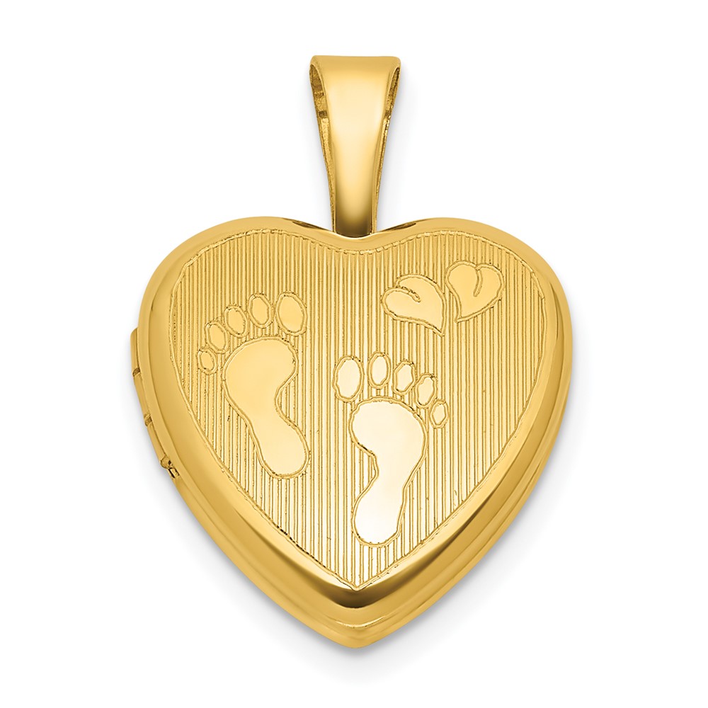 QLS1218.jpg Sterling Silver Gold-plated Polished Front/Brushed Back Foot Prints with Hearts 12mm Heart Locket - Image 1