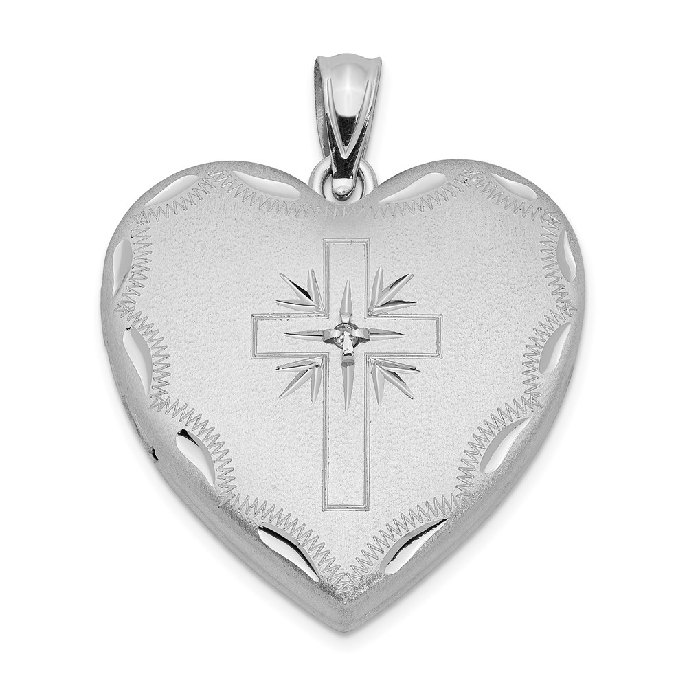 QLS306.jpg Sterling Silver RH-plated 24mm Satin & D/C w/ Diamond Cross Heart Locket - Image 1