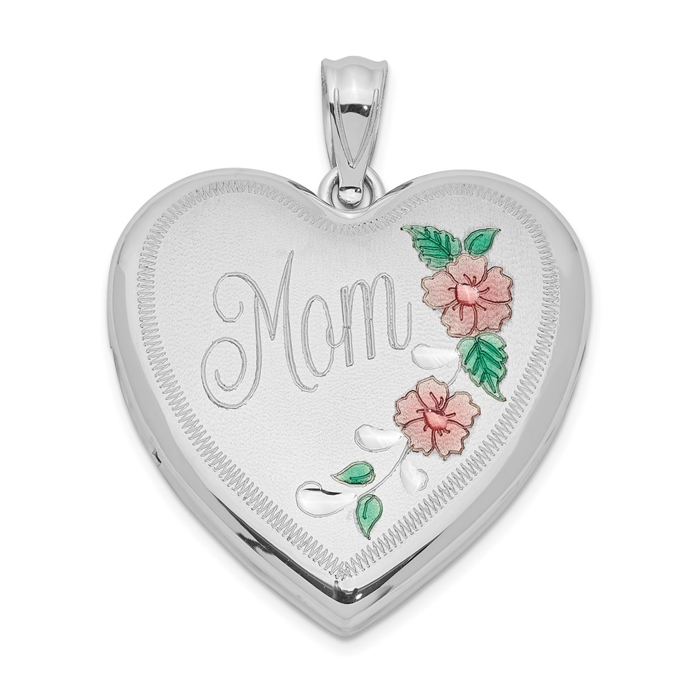 QLS328.jpg Sterling Silver Rhodium-plated 24mm Enameled Floral Mom Heart Locket - Image 1