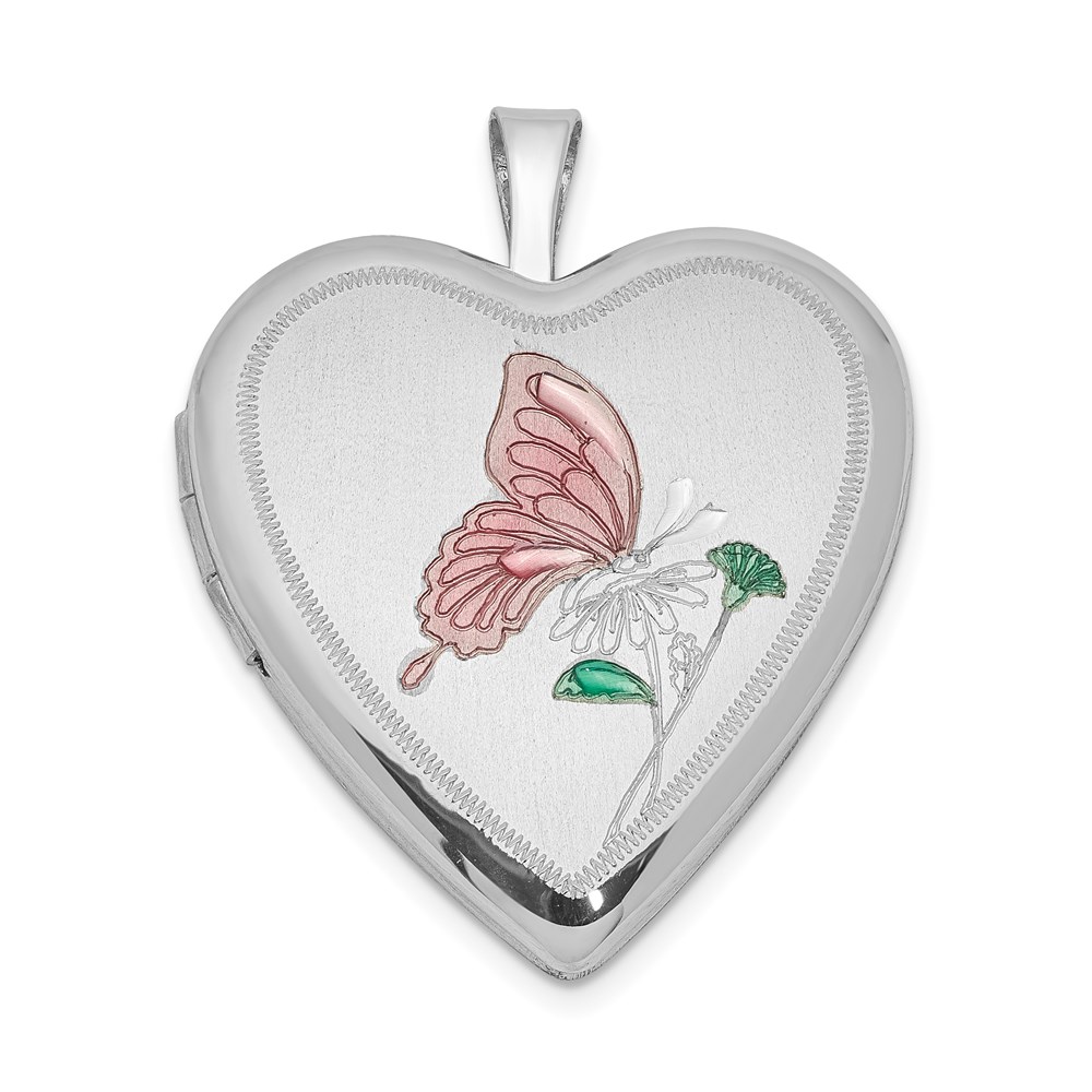 QLS336.jpg Sterling Silver Rhodium-plated 20mm Enameled Butterfly Heart Locket - Image 1
