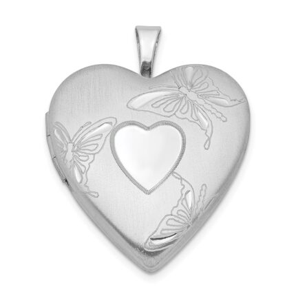 Sterling Silver Rhod-plated 20mm Satin/Polished D/C Butterfly Heart Locket