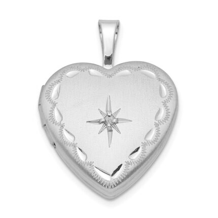 Sterling Silver Rhodium-plated Satin & D/C Diamond Star Heart Locket