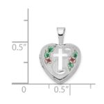 Sterling Silver Rhodium-plated Cross w/ Enamel Flowers 12mm Heart Locket - Image 4