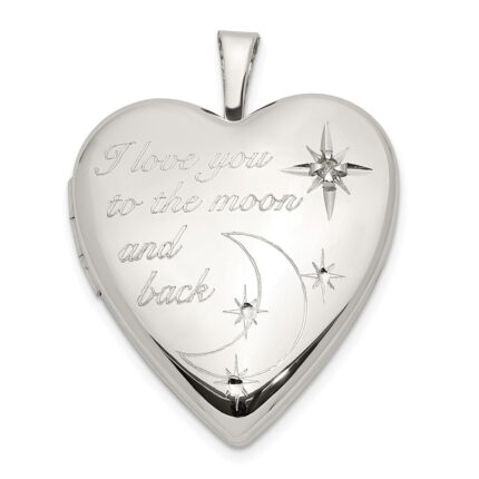 Sterling Silver Rhod-pltd 20mm LOVE TO THE MOON Diamond Heart Locket