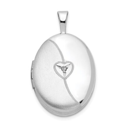 Sterling Silver Rhod-plated 19mm Diamond Satin & Polished Heart Oval Locket