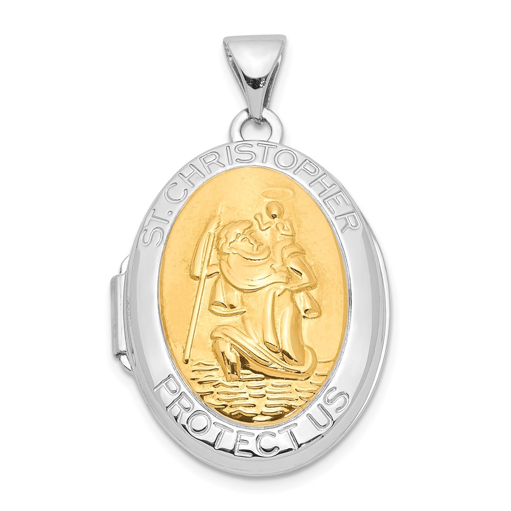 QLS934.jpg Sterling Silver RH-pltd w/Yellow Rhod 23mm St Christopher Oval Locket - Image 1
