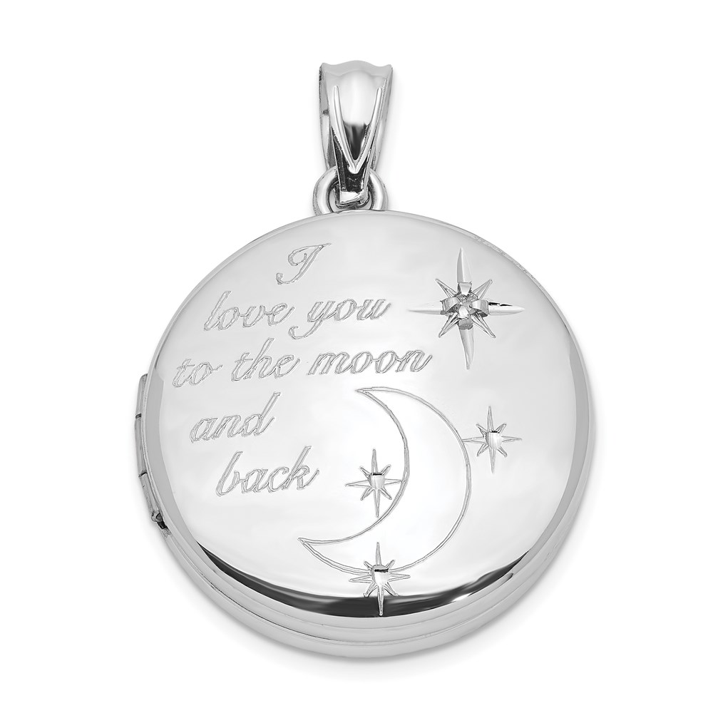 QLS962.jpg Sterling Silver Rh-pltd 20mm Diamond LOVE TO THE MOON Round Locket - Image 1