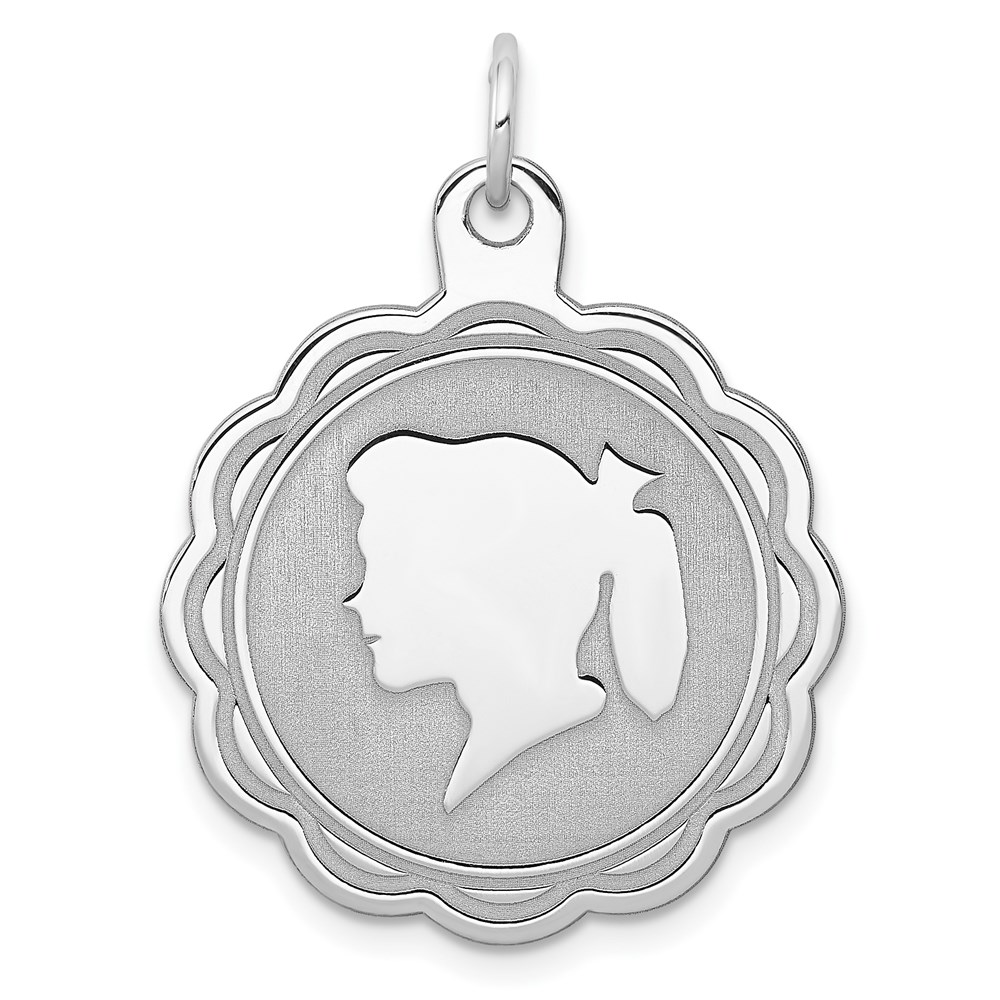 QM320.jpg Sterling Silver Rhodium-plated Engraveable Girl Disc Charm - Image 1