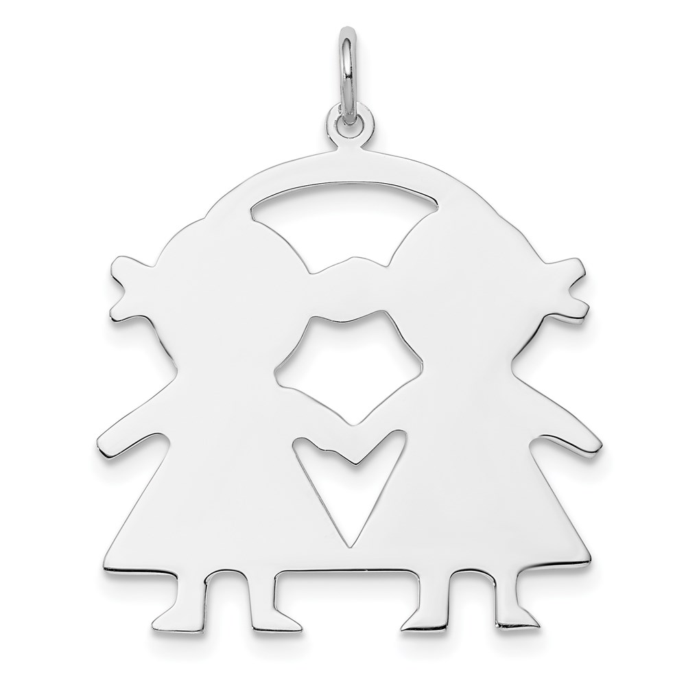 QM340.jpg SS Rh-plt Engraveable Girl/Girl Polished Front/Satin Back Disc Charm - Image 1