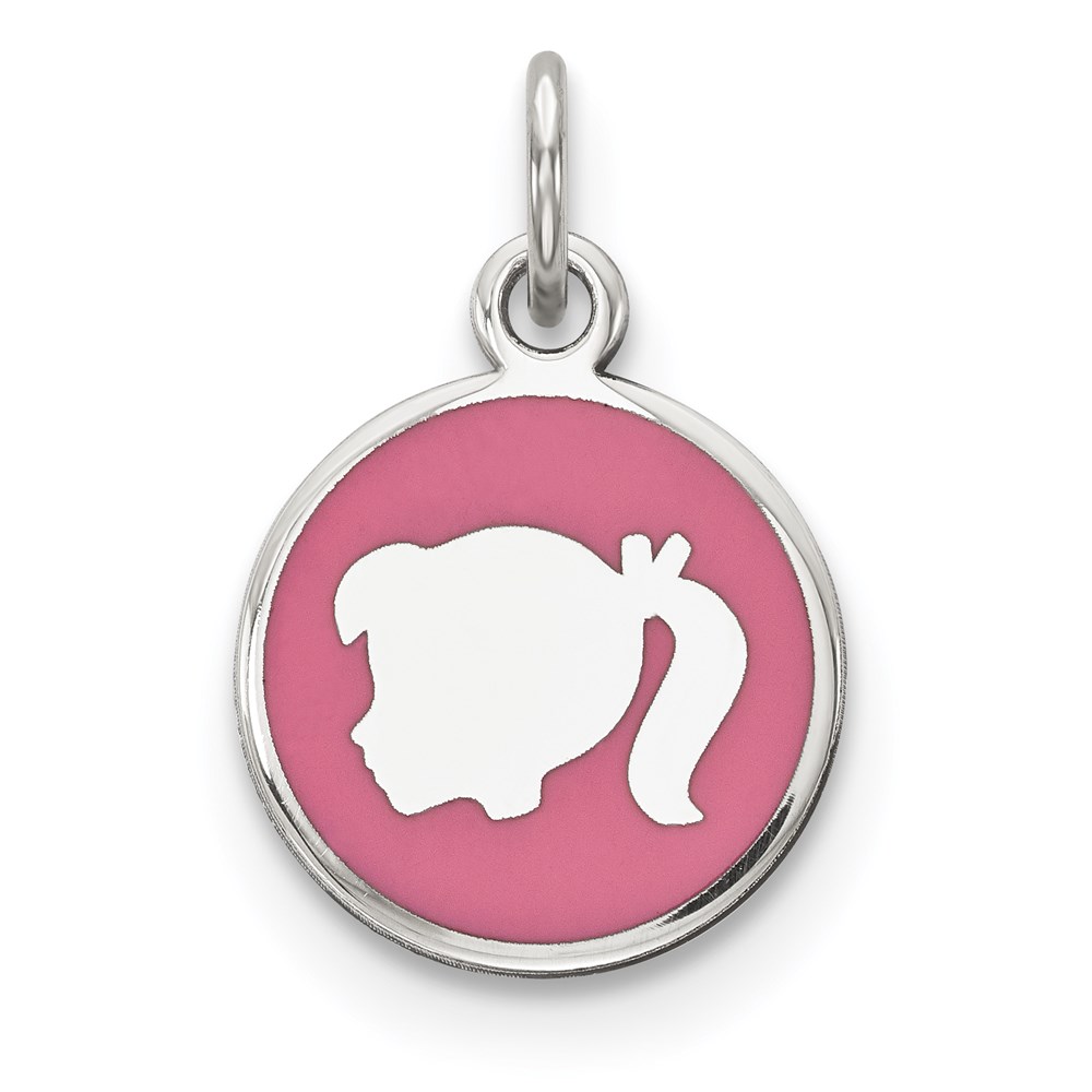 QM535.jpg Sterling Silver Rhod-plate Pink Enamel Left Facing Girl Head Disc Charm - Image 1