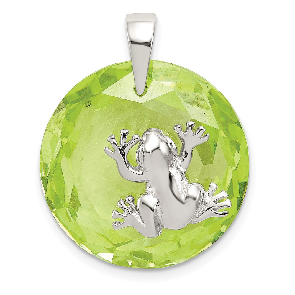 QP1014.jpg Sterling Silver Rhodium-plated Green CZ Frog Pendant - Image 1