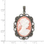 Sterling Silver Antiqued Marcasite Plastic Pink Cameo Pendant - Image 3