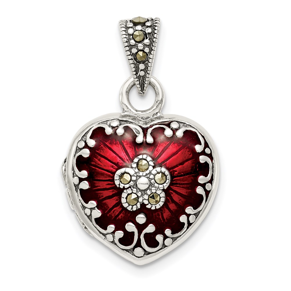 QP1291.jpg Sterling Silver Antiqued Red Enamel and Marcasite Heart Locket - Image 1