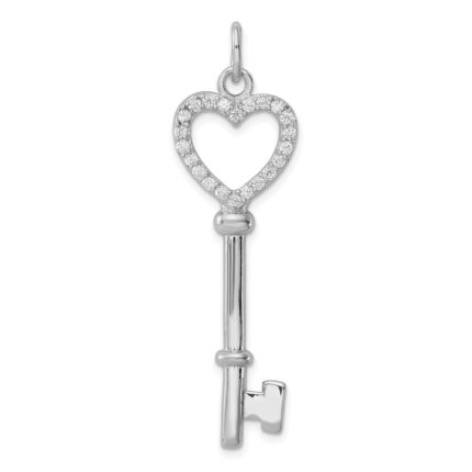 Sterling Silver Rhodium-plated CZ Heart Key Pendant