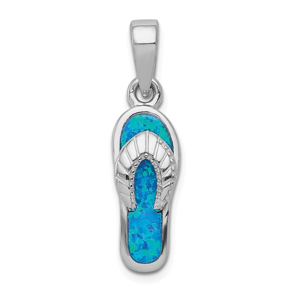 QP1887.jpg Sterling Silver Rhodium-plated Polished Created Blue Inlay Opal Sandal Pendant - Image 1
