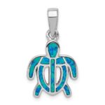 Sterling Silver Rhodium-plated Polished Created Blue Opal Inlay Tortoise Pendant