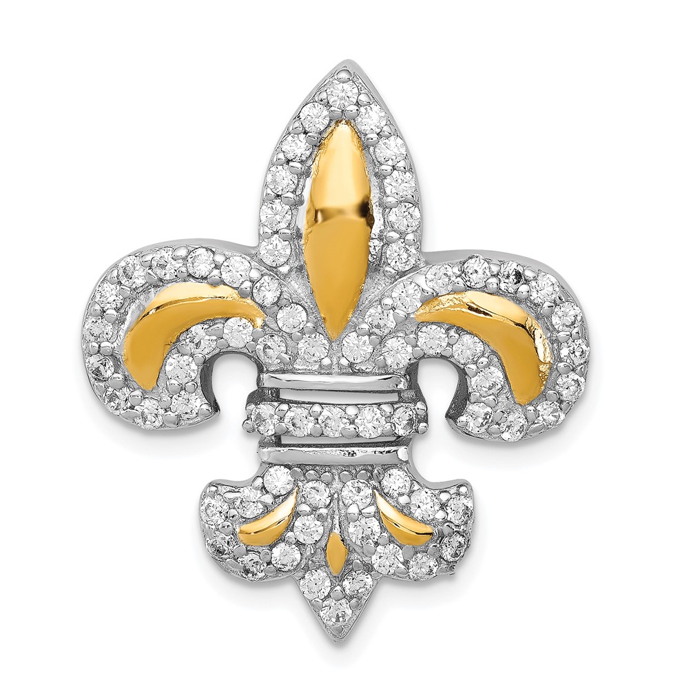 QP1952.jpg Sterling Silver CZ Fleur de Lis w/ Flash Gold-Plated Chain Slide Pendant - Image 1