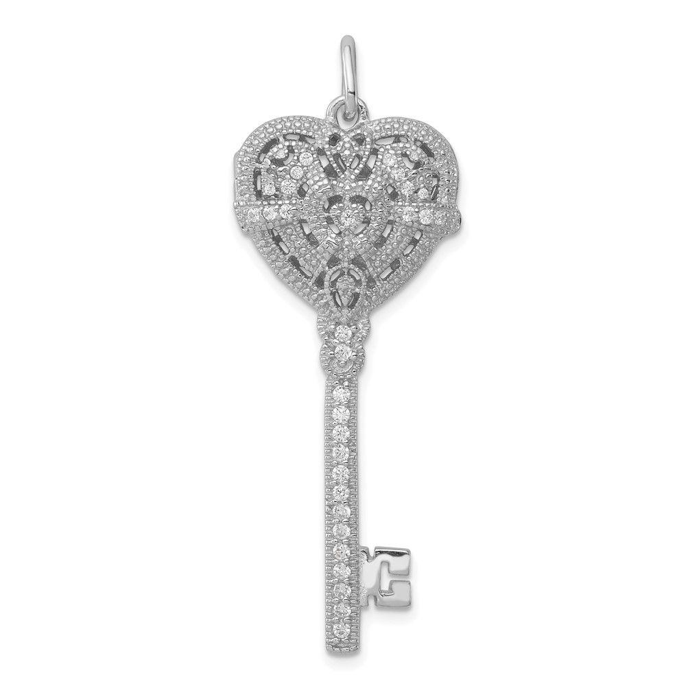 QP2034.jpg Sterling Silver Rhodium-plated CZ Heart Key Locket - Image 1