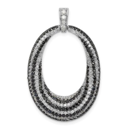 Sterling Silver Rhodium-plated Black and White CZ Open Oval Fancy Pendant