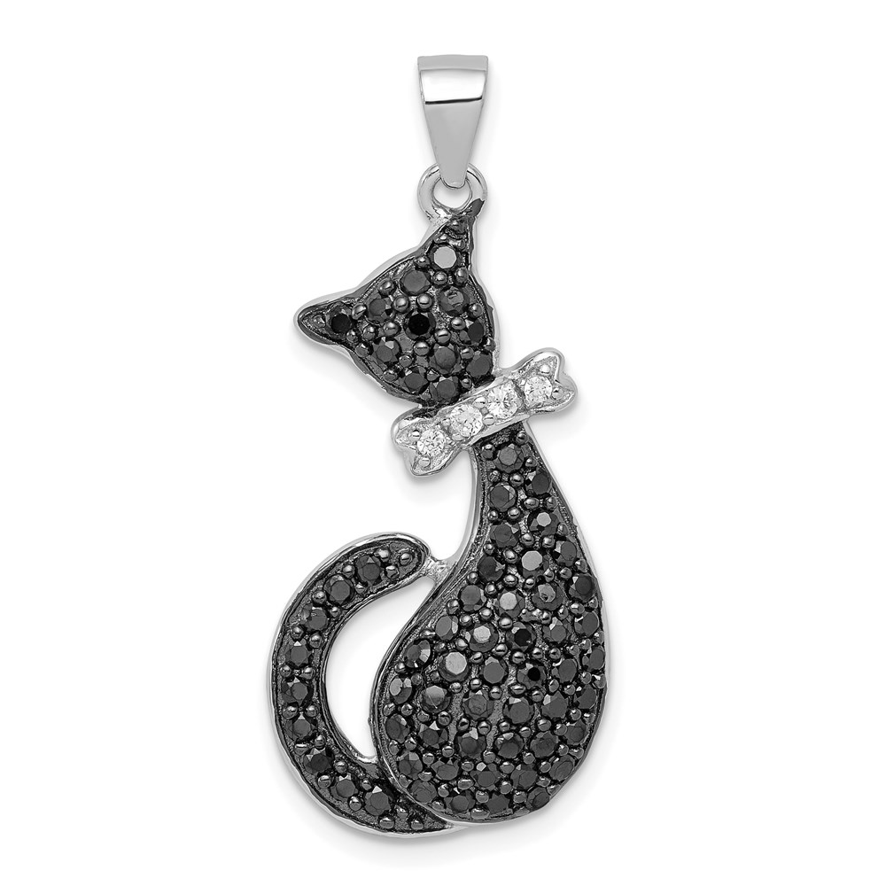 QP2112.jpg Sterling Silver Rhodium-plated Black & White CZ Cat with Bow Pendant - Image 1