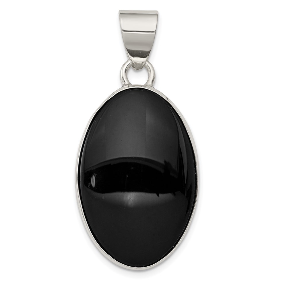 QP2123.jpg Sterling Silver Rhodium-plated Onyx Polished Oval Pendant - Image 1