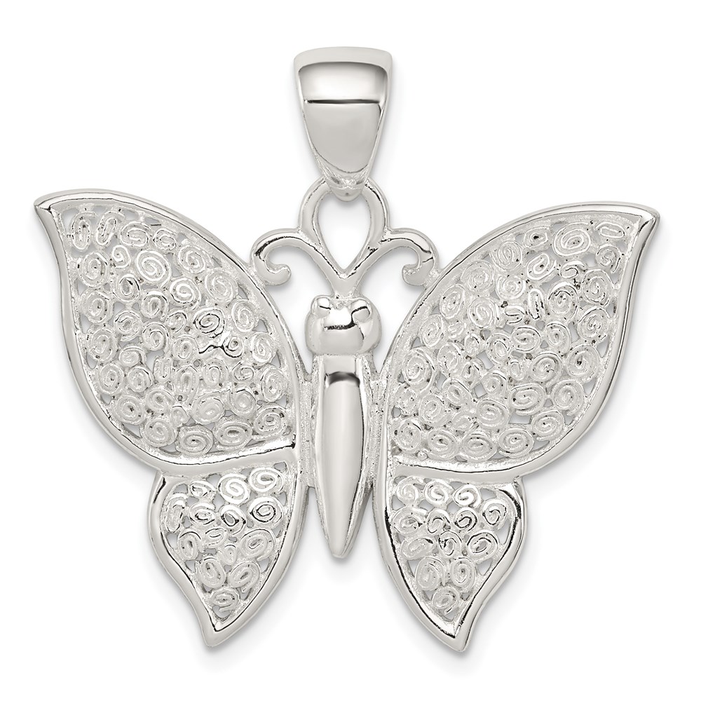 QP2139.jpg Sterling Silver Rhodium-plated Polished/Textured Butterfly Pendant - Image 1