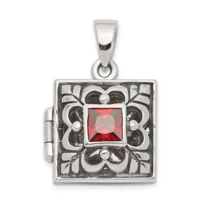 Sterling Silver Rhod-plated Polished/Antiqued Garnet Square 16mm Locket