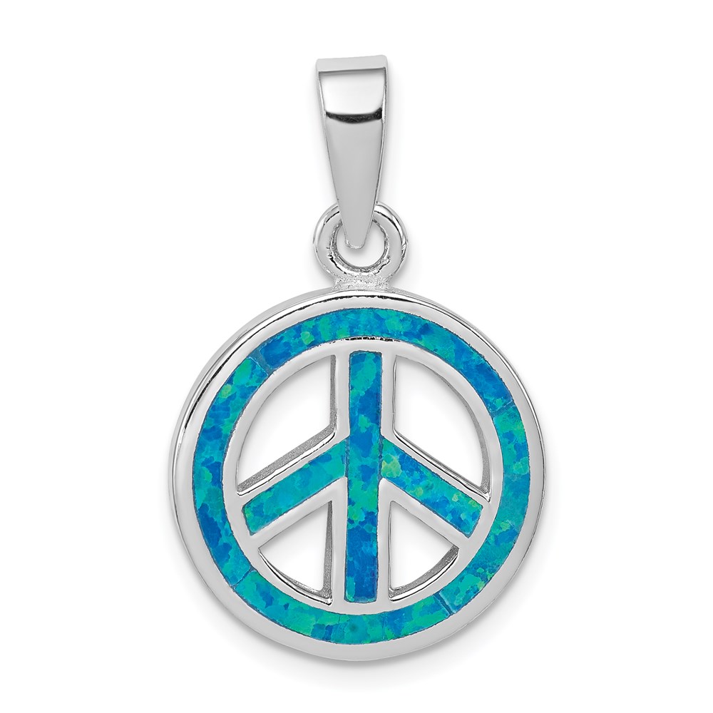 QP2745.jpg Sterling Silver Rhodium-plated Blue Inlay Created Opal Peace Sign Pendant - Image 1