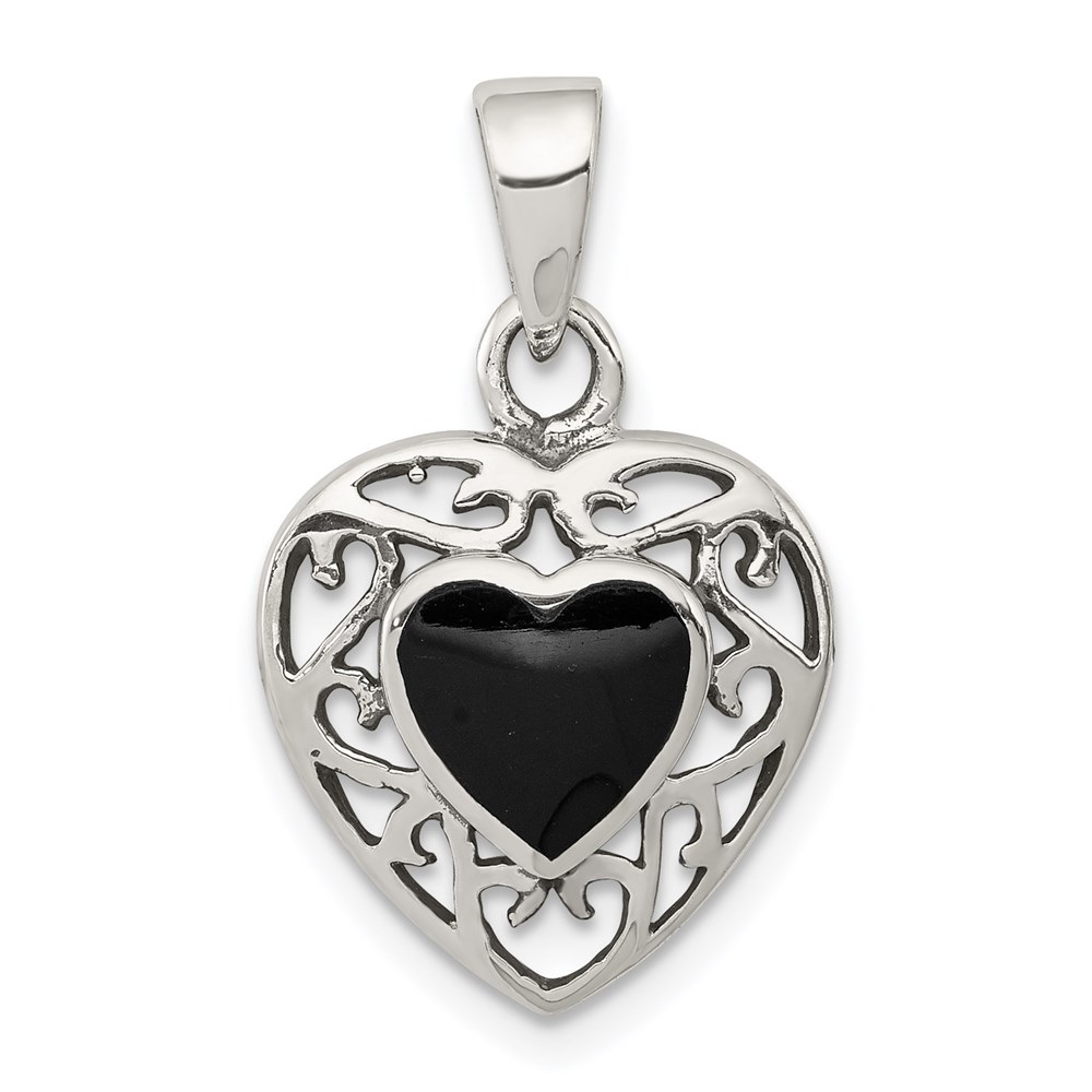 QP2830.jpg Sterling Silver Filigree Frame Onyx Heart Antiqued Heart Pendant - Image 1