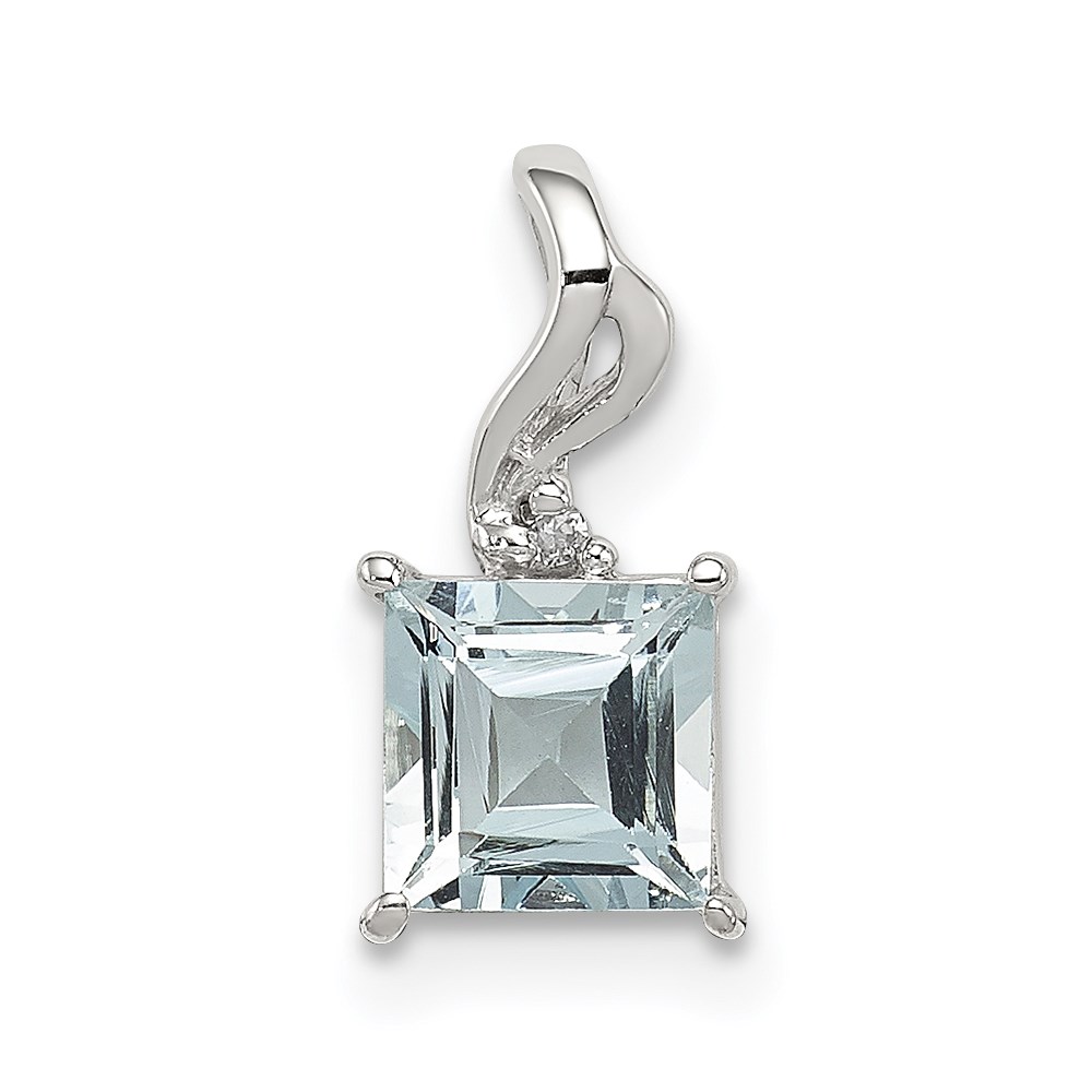 QP2989AQ.jpg Sterling Silver Rhodium Plated Dia. & Aquamarine Square Pendant - Image 1