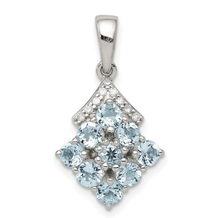 Sterling Silver Rhodium Plated Diamond & Aquamarine Pendant