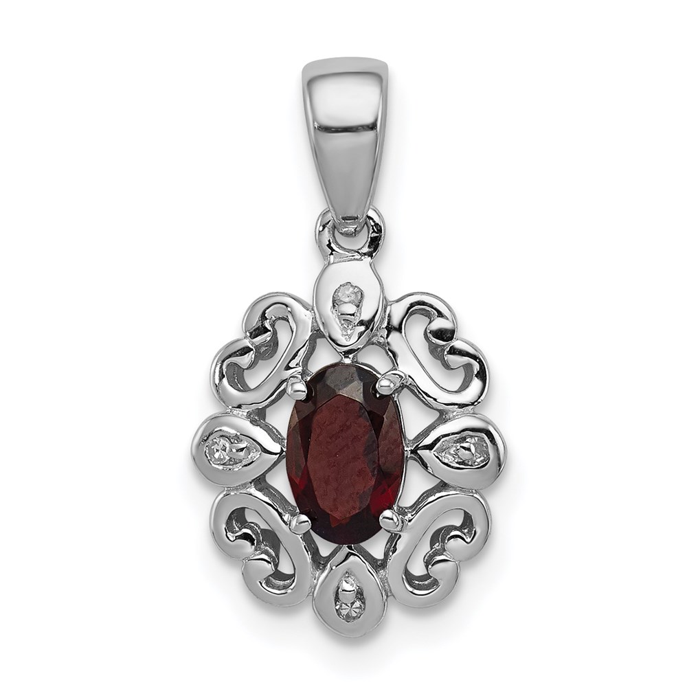 QP3053GA.jpg Sterling Silver Rhodium Plated Diamond & Garnet Oval Pendant - Image 1