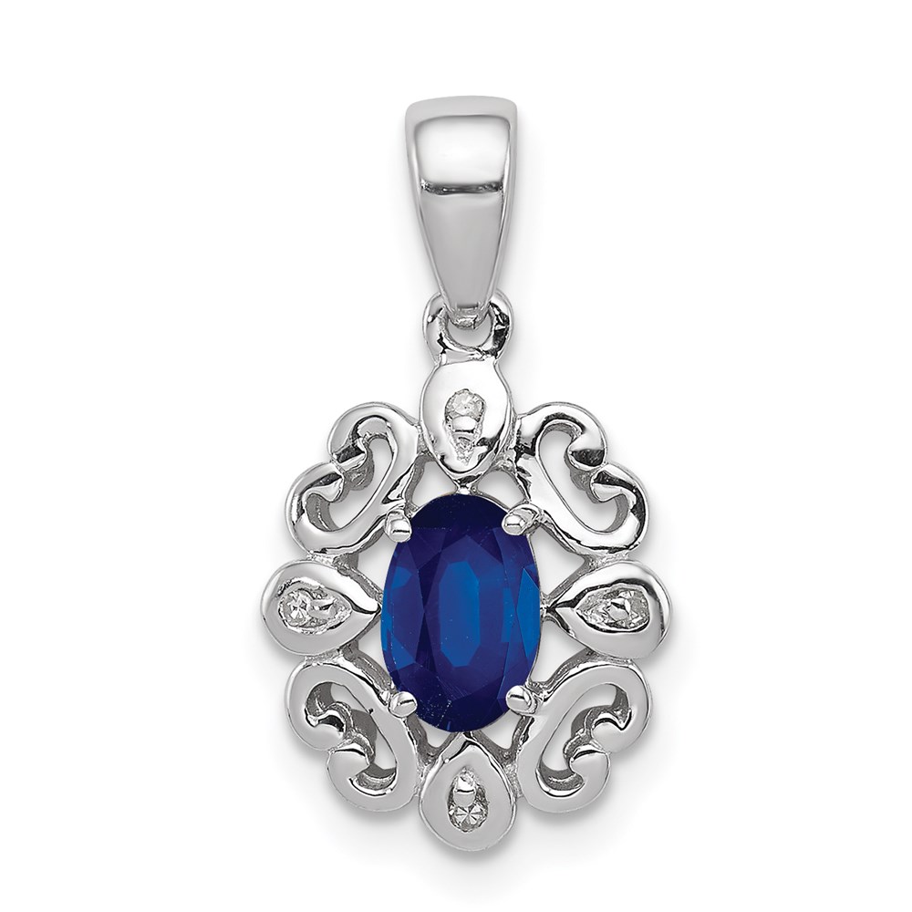 QP3053S.jpg Sterling Silver Rhodium Plated Diamond & Sapphire Oval Pendant - Image 1