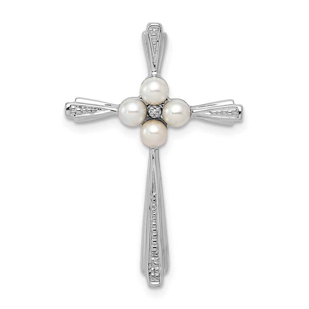 QP3189.jpg Sterling Silver Rhod Plated Diamond FW Cultured Pearl Cross Pendant - Image 1