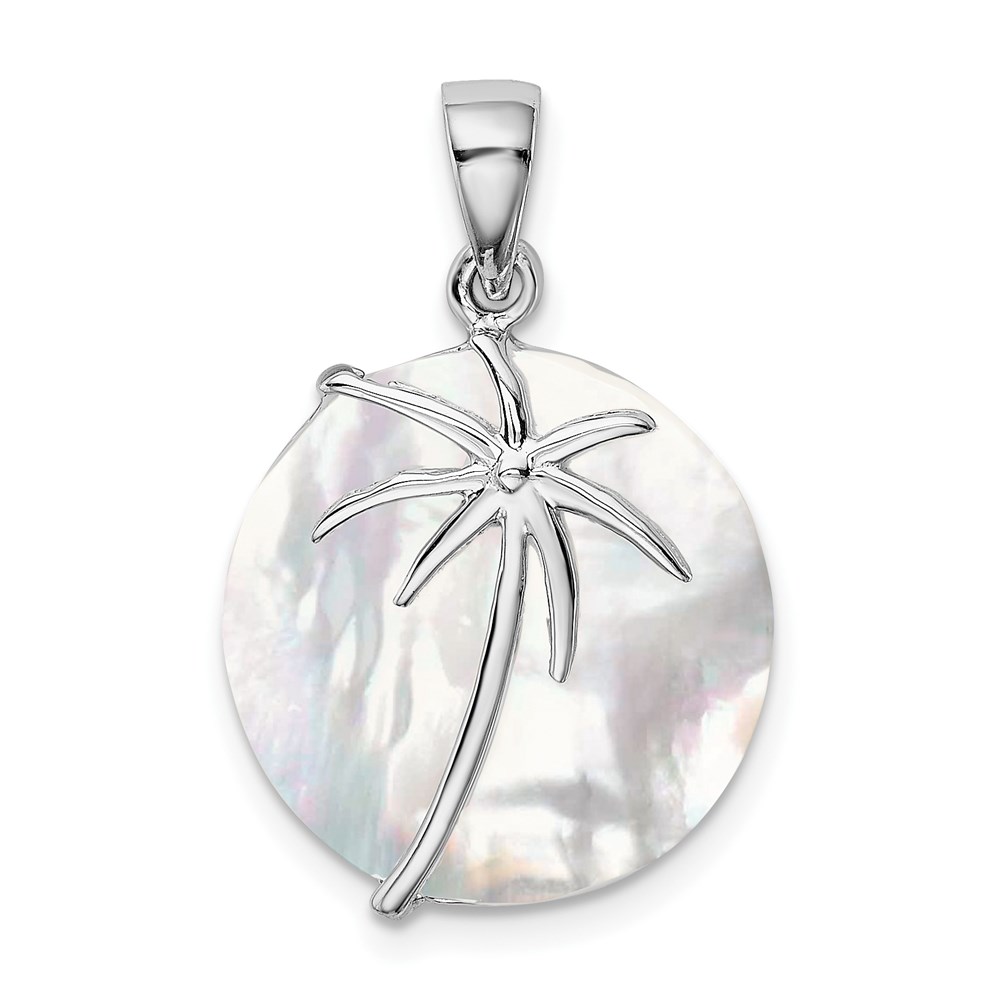 QP4183.jpg Sterling Silver Rhodium-plated Polished Round Mother of Pearl Palm Tree Pendant - Image 1