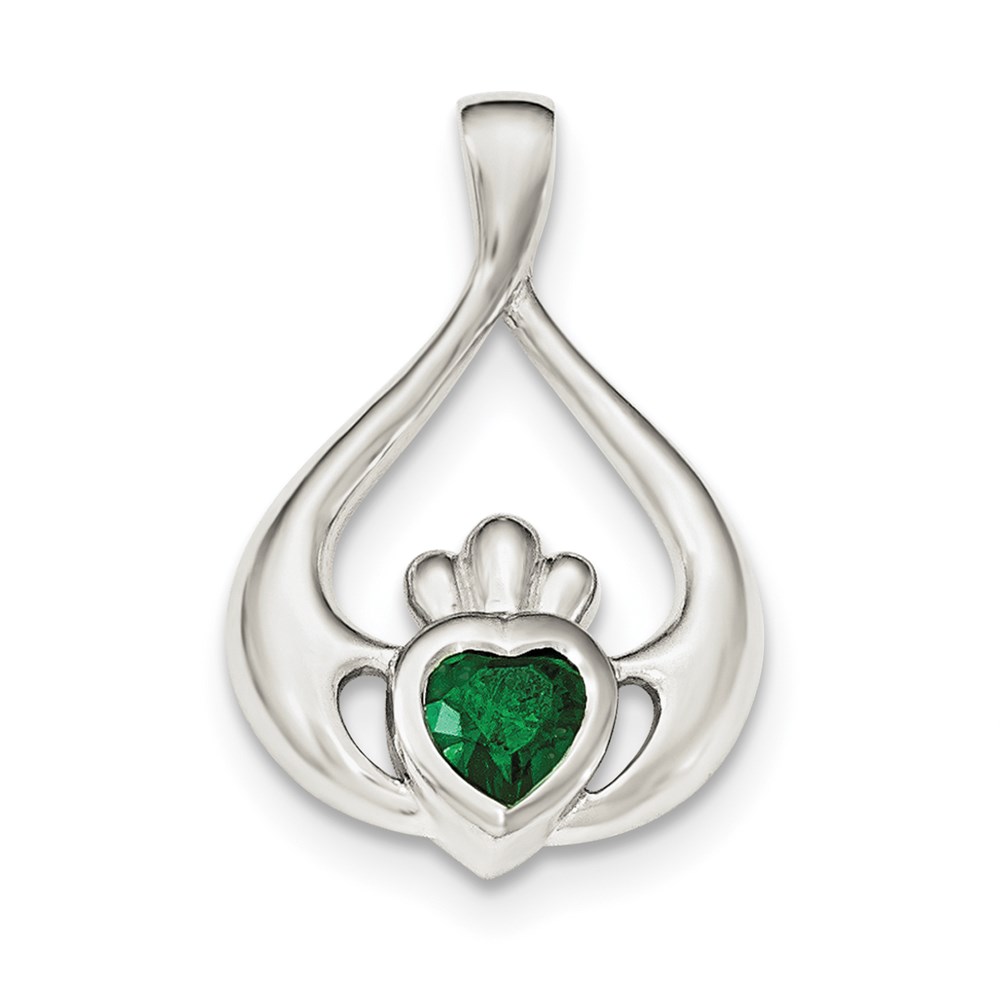 QP4257.jpg Sterling Silver Rhodium-plated Green CZ Heart Claddagh Pendant - Image 1