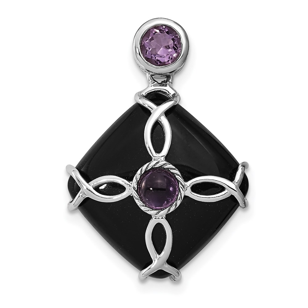 QP4282.jpg Sterling Silver Rhodium-plated Black Agate and Amethyst Pendant - Image 1