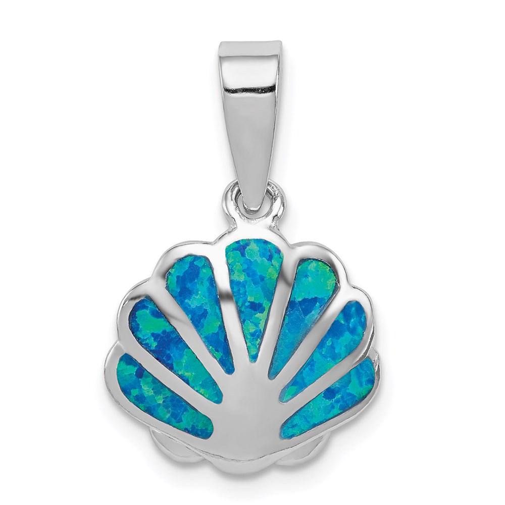 QP4295.jpg Sterling Silver Rhodium-plated Polished Created Blue Opal Oyster Pendant - Image 1