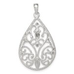 Sterling Silver Polished Filigree Diamond-cut Teardrop Pendant