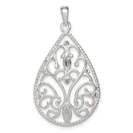 Sterling Silver Polished Filigree Diamond-cut Teardrop Pendant
