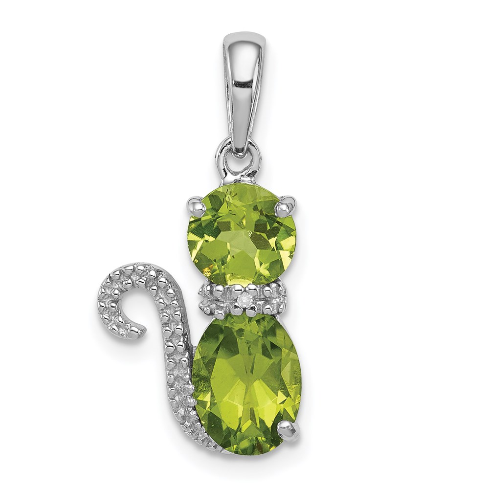 QP4551PE.jpg Sterling Silver Rhodium-plated Peridot and Diamond Cat Pendant - Image 1