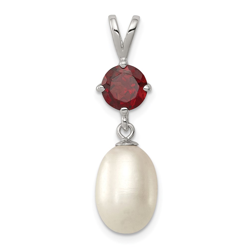 QP4641.jpg Sterling Silver Rhodium-plated 8-9mm White Teardrop Freshwater Cultured Pearl and 1.00GA Garnet Pendant - Image 1