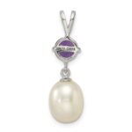 Sterling Silver Rhodium-plated 8-9mm White Teardrop Freshwater Cultured Pearl and .75AM Amethyst Pendant - Image 4