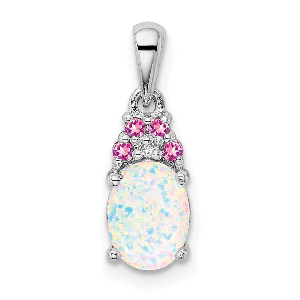 QP4805.jpg Sterling Silver Rhod-plate Dia. Cr.Pink Sapp. Simulated Opal Pendant - Image 1