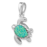 Sterling Silver Rhodium-plated Polished Green Inlay Created Opal Turtle Pendant - Image 4