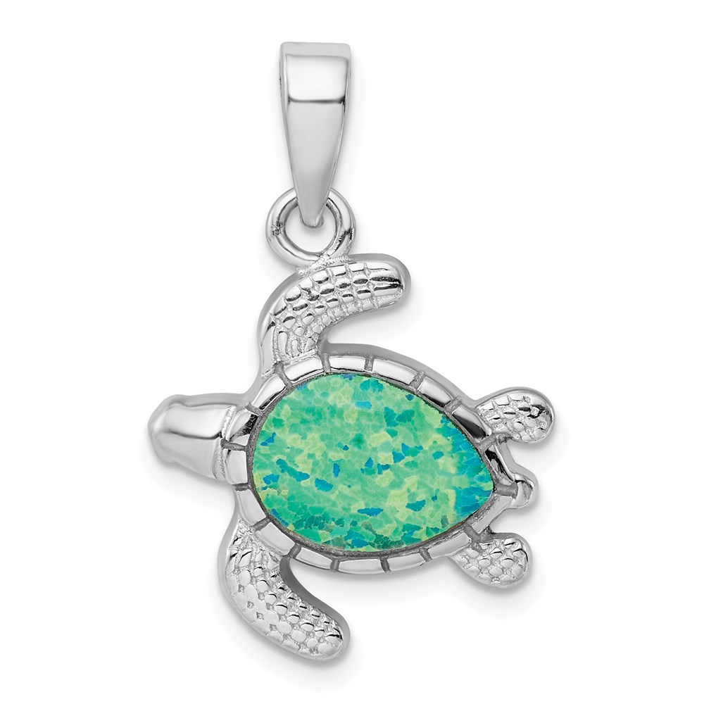 QP4872.jpg Sterling Silver Rhodium-plated Polished Green Inlay Created Opal Turtle Pendant - Image 1