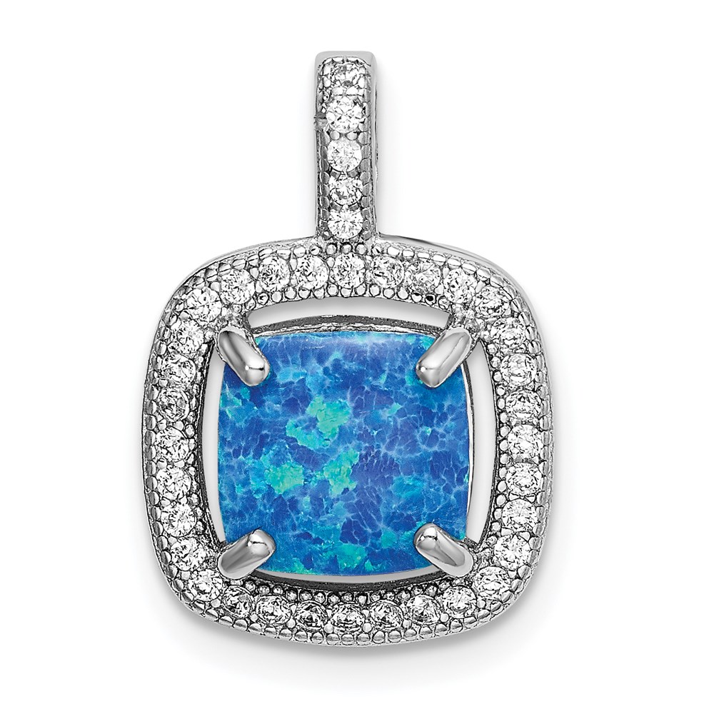 QP4877.jpg Sterling Silver Rhodium-plated Blue Square Created Opal w/CZ Pendant - Image 1