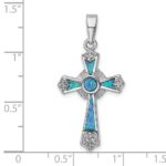 Sterling Silver Rhodium-plated CZ / Created Opal Cross Pendant - Image 4