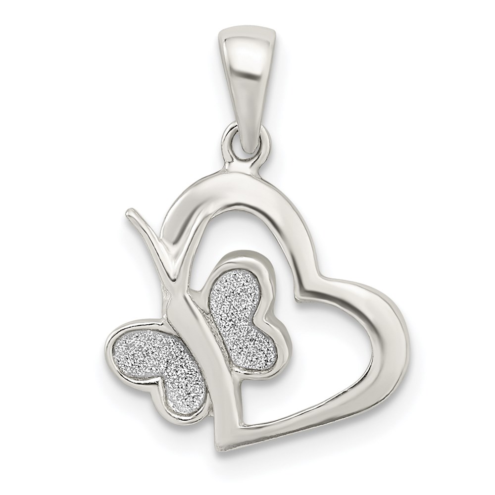 QP4916.jpg Sterling Silver Polished Glitter Enamel Heart w/Butterfly Pendant - Image 1